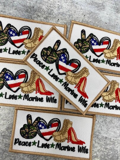&#x22;Peace. Love. MARINE Wife&#x22;, Iron-on Embroidery Patch, Military Wife Badge, Patch for Crocs, Size 3&#x22;x2&#x22; inches