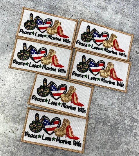 &#x22;Peace. Love. MARINE Wife&#x22;, Iron-on Embroidery Patch, Military Wife Badge, Patch for Crocs, Size 3&#x22;x2&#x22; inches