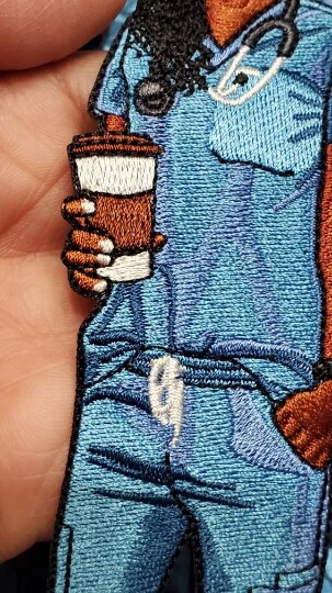 &#x22;Nurses Care a&#x2019;Latte (African-American Nurse)&#x22;, Embroidery, Iron-on Applique, Size 4&#x22; inches