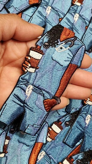 &#x22;Nurses Care a&#x2019;Latte (African-American Nurse)&#x22;, Embroidery, Iron-on Applique, Size 4&#x22; inches