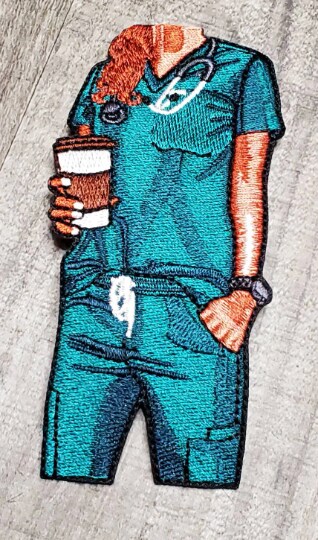 Nurses Care A’Latte (Teal Scrubs), Embroidery, Iron-on Applique, Size 4" inches