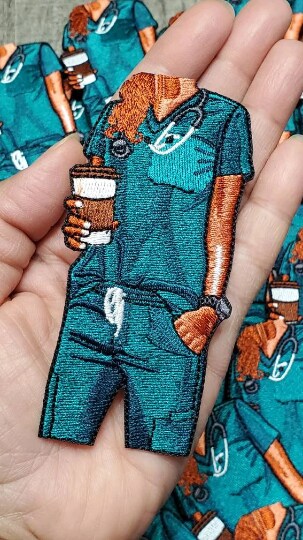 Nurses Care A&#x2019;Latte (Teal Scrubs), Embroidery, Iron-on Applique, Size 4&#x22; inches