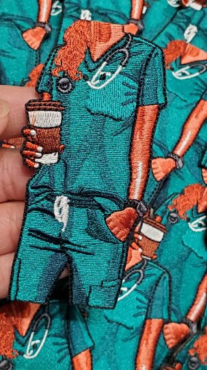 Nurses Care A&#x2019;Latte (Teal Scrubs), Embroidery, Iron-on Applique, Size 4&#x22; inches
