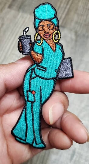Nurse Eva with Coffee and Clipboard, Iron-on Embroidery, Nurse Patches, Size 4&#x22; inches