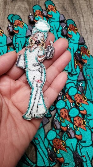 Nurse Eva with Coffee and Clipboard, Iron-on Embroidery, Nurse Patches, Size 4&#x22; inches