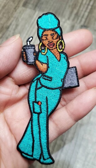 Nurse Eva with Coffee and Clipboard, Iron-on Embroidery, Nurse Patches, Size 4&#x22; inches