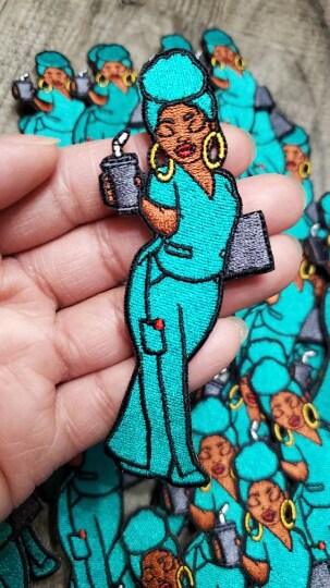 Nurse Eva with Coffee and Clipboard, Iron-on Embroidery, Nurse Patches, Size 4&#x22; inches