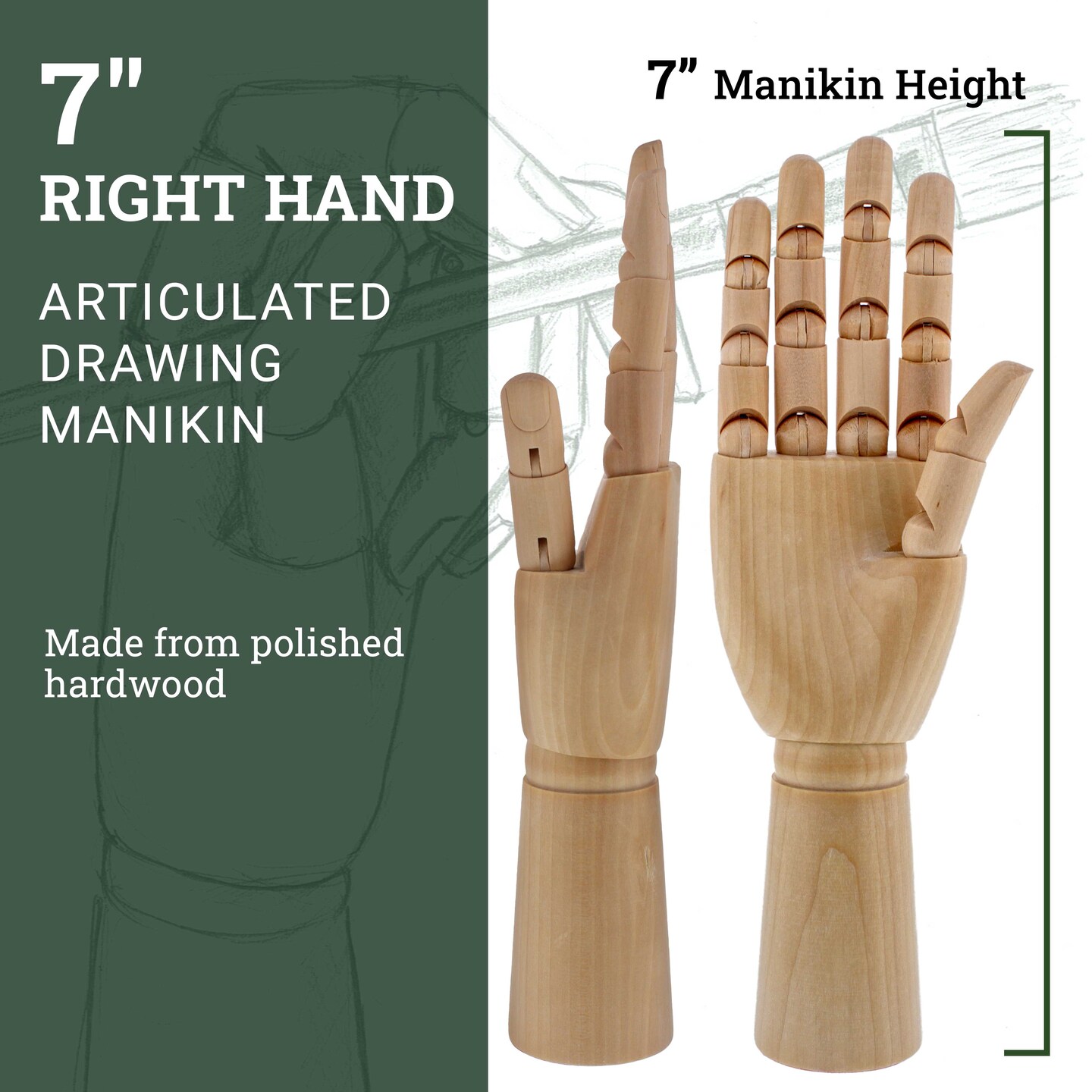 Wood Artist Drawing Manikin Articulated Mannequin with Wooden Flexible Fingers - Perfect for drawing the human hand (7&#x22; Right Hand)