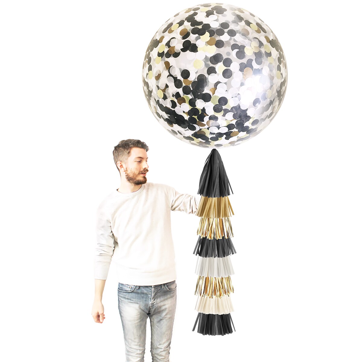 Confetti Balloon with Tassels Black, White, and Gold Balloons
