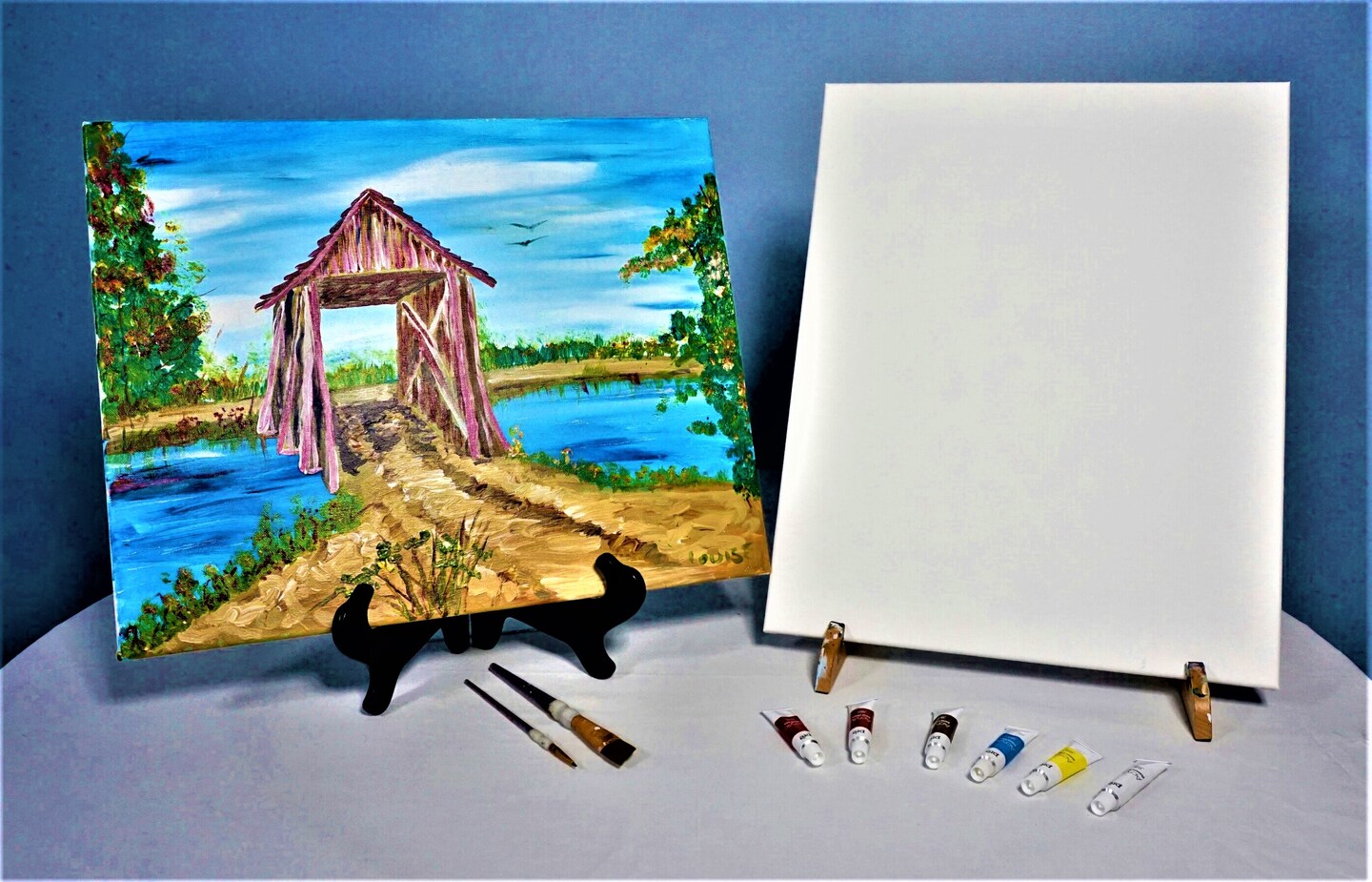 Paint Kit - Old Covered Bridge Acrylic Painting Kit & Video Lesson, DIY Craft, Autumn Paint Kit, Beginner Painting, At Home Paint Kit
