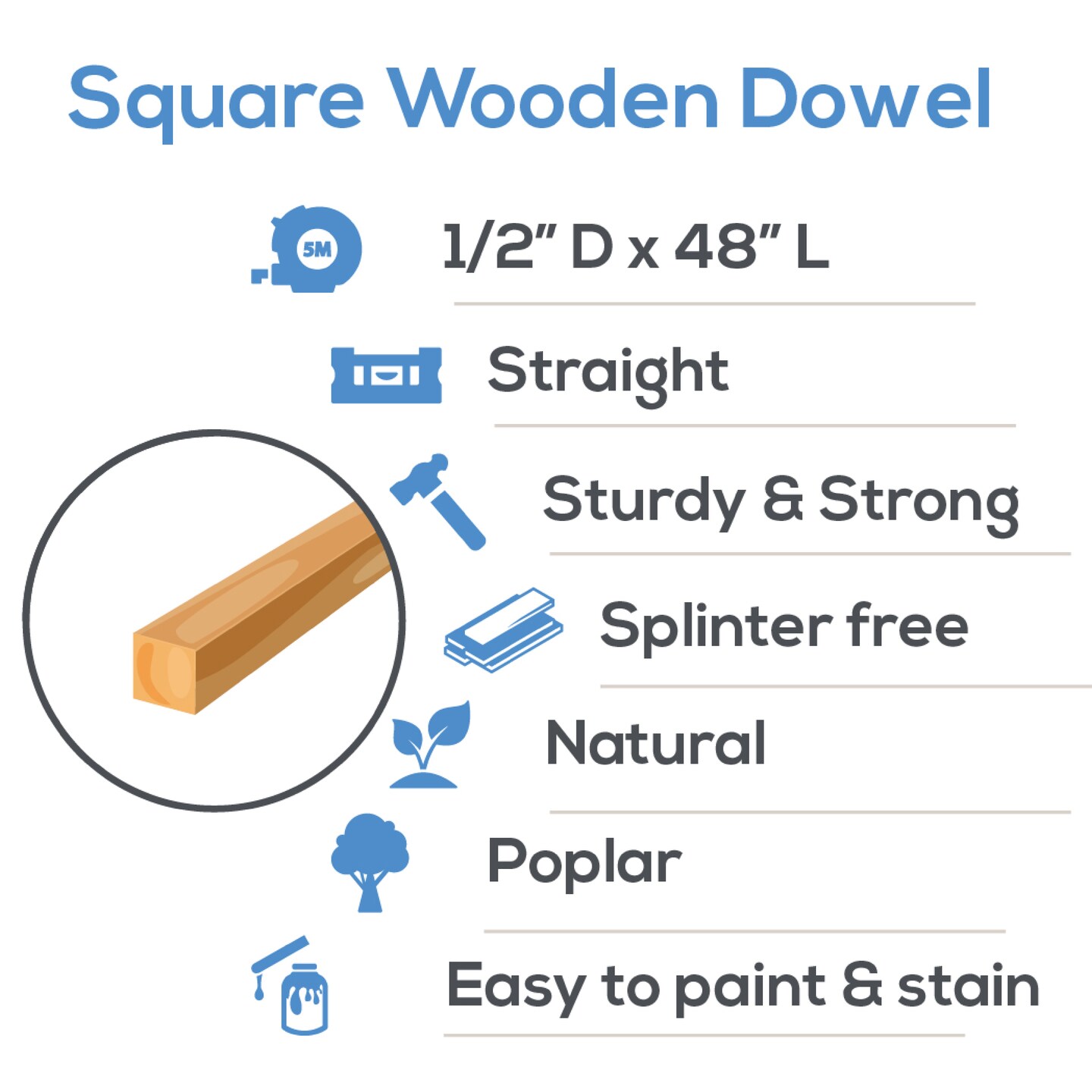 Wood Square Dowel Rods 1/2 inch Diameter, Multiple Lengths Available, Sticks for Crafts & Woodworking | Woodpeckers