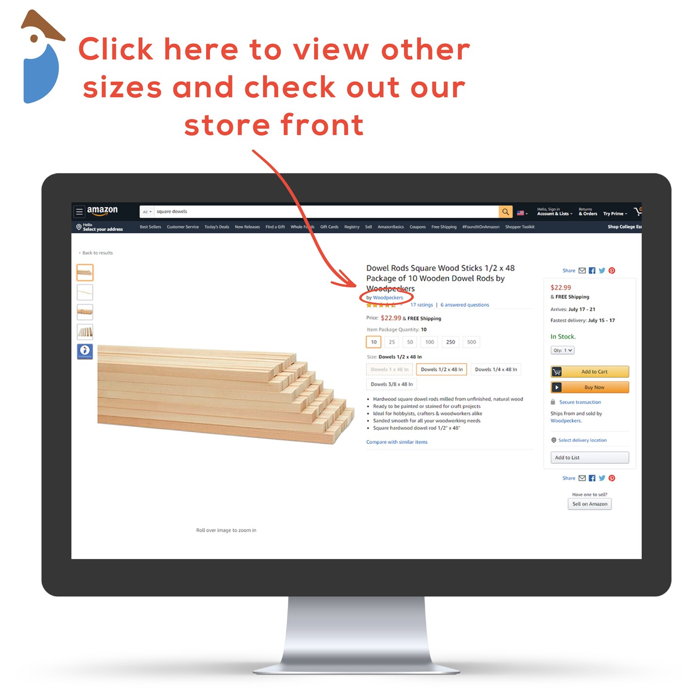 Wood Square Dowel Rods 1/2 inch Diameter, Multiple Lengths Available, Sticks for Crafts & Woodworking | Woodpeckers