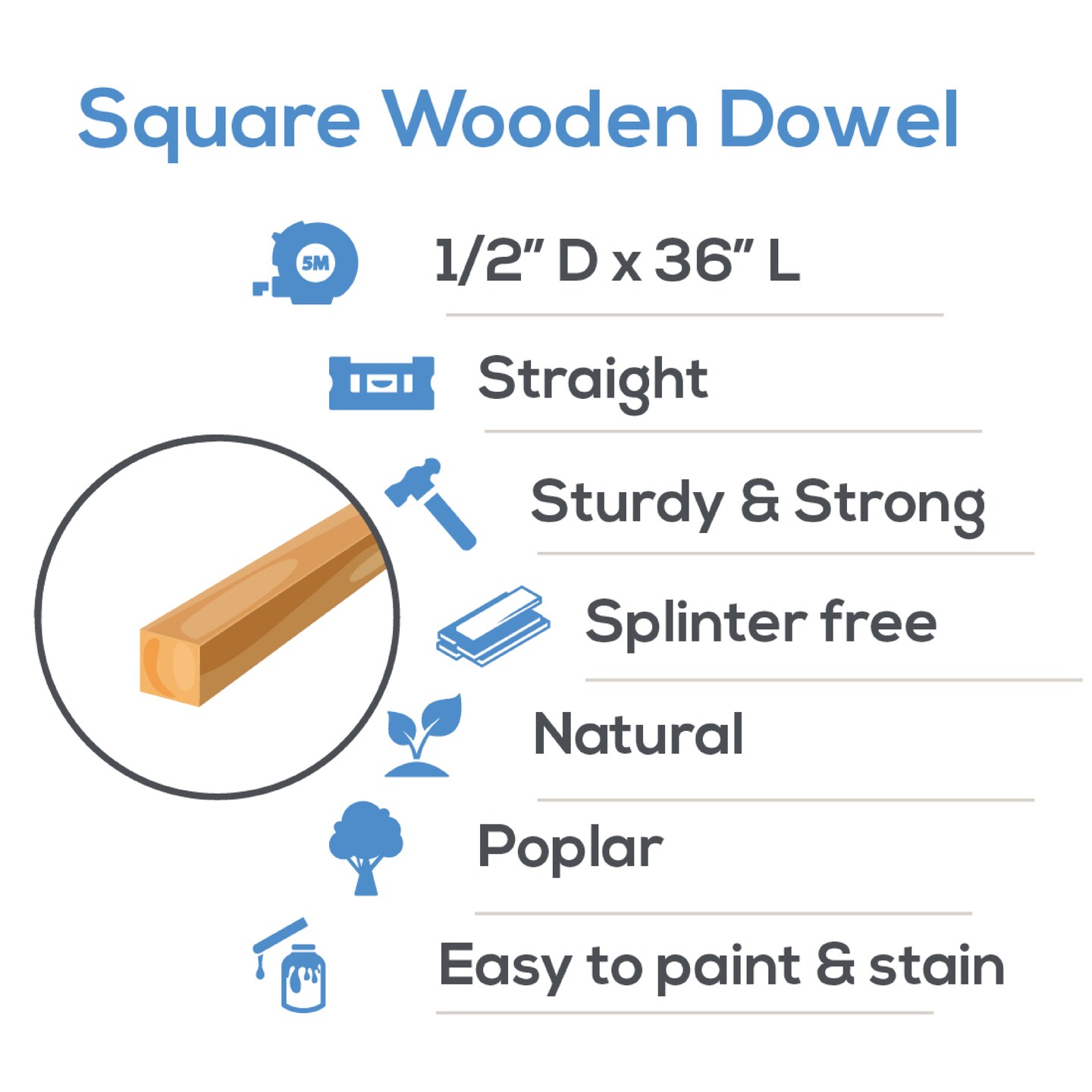 Wood Square Dowel Rods 1/2 inch Diameter, Multiple Lengths Available, Sticks for Crafts &#x26; Woodworking | Woodpeckers