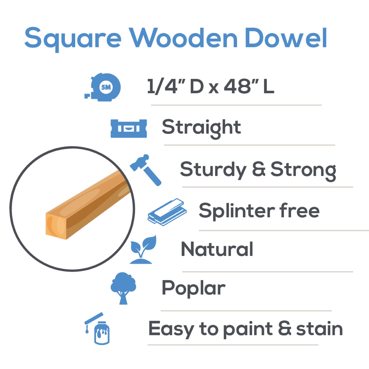 Wood Square Dowel Rods 1/4 inch Diameter, Multiple Lengths Available, Sticks for Crafts & Woodworking | Woodpeckers