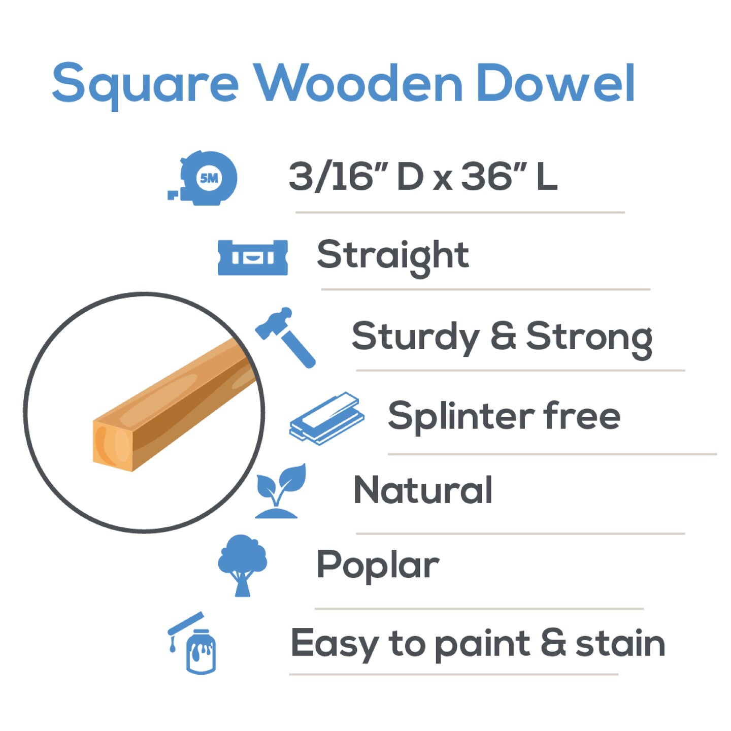 Wood Square Dowel Rods 3/16 inch Diameter, Multiple Lengths Available, Sticks for Crafts & Woodworking | Woodpeckers