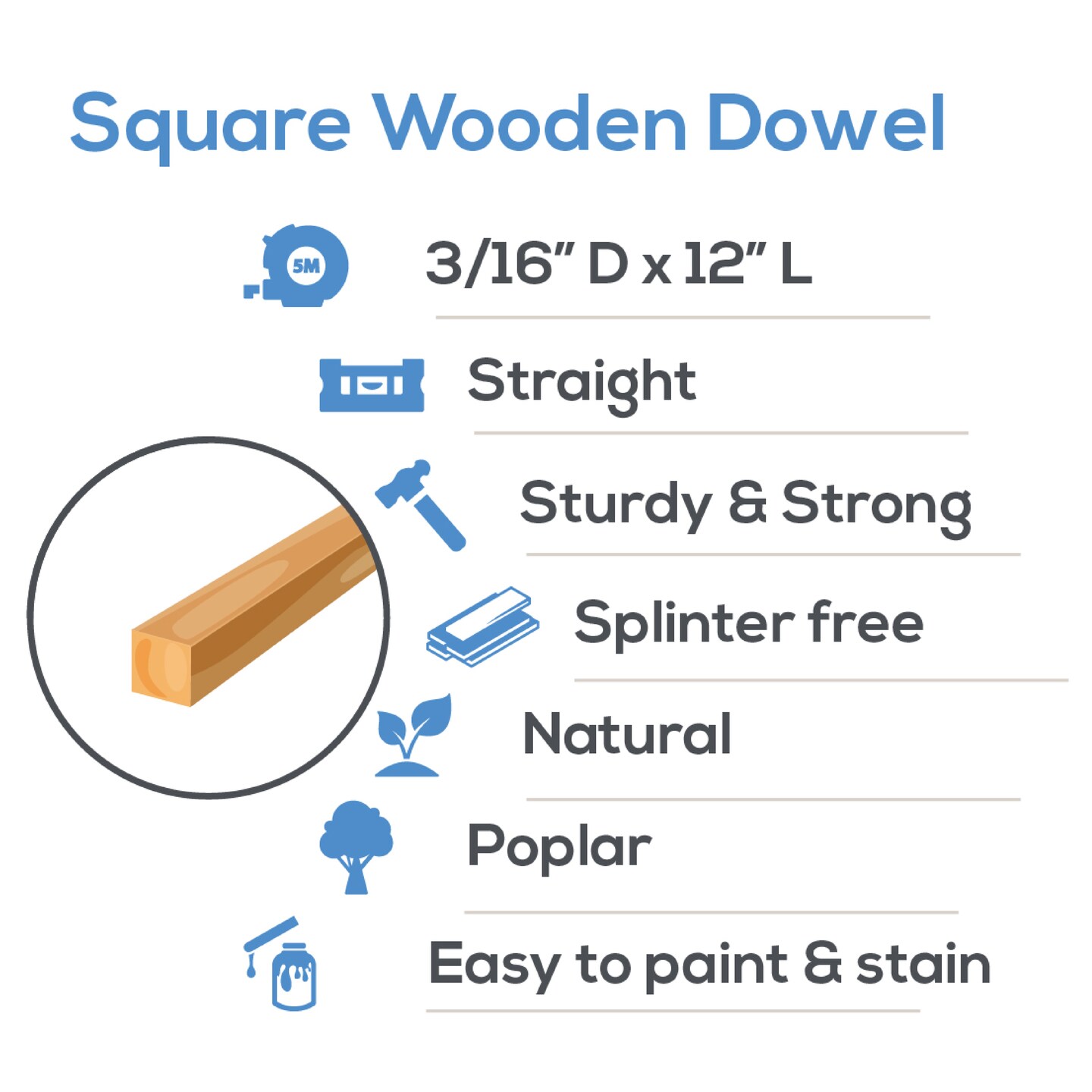 Wood Square Dowel Rods 3/16 inch Diameter, Multiple Lengths Available, Sticks for Crafts & Woodworking | Woodpeckers