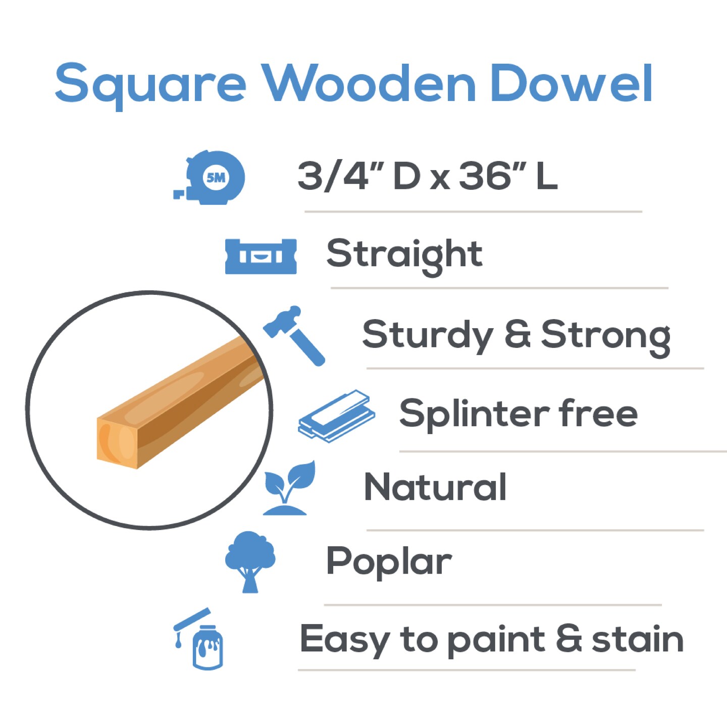 Wood Square Dowel Rods 3/4 inch Diameter, Multiple Lengths Available, Sticks for Crafts &#x26; Woodworking | Woodpeckers
