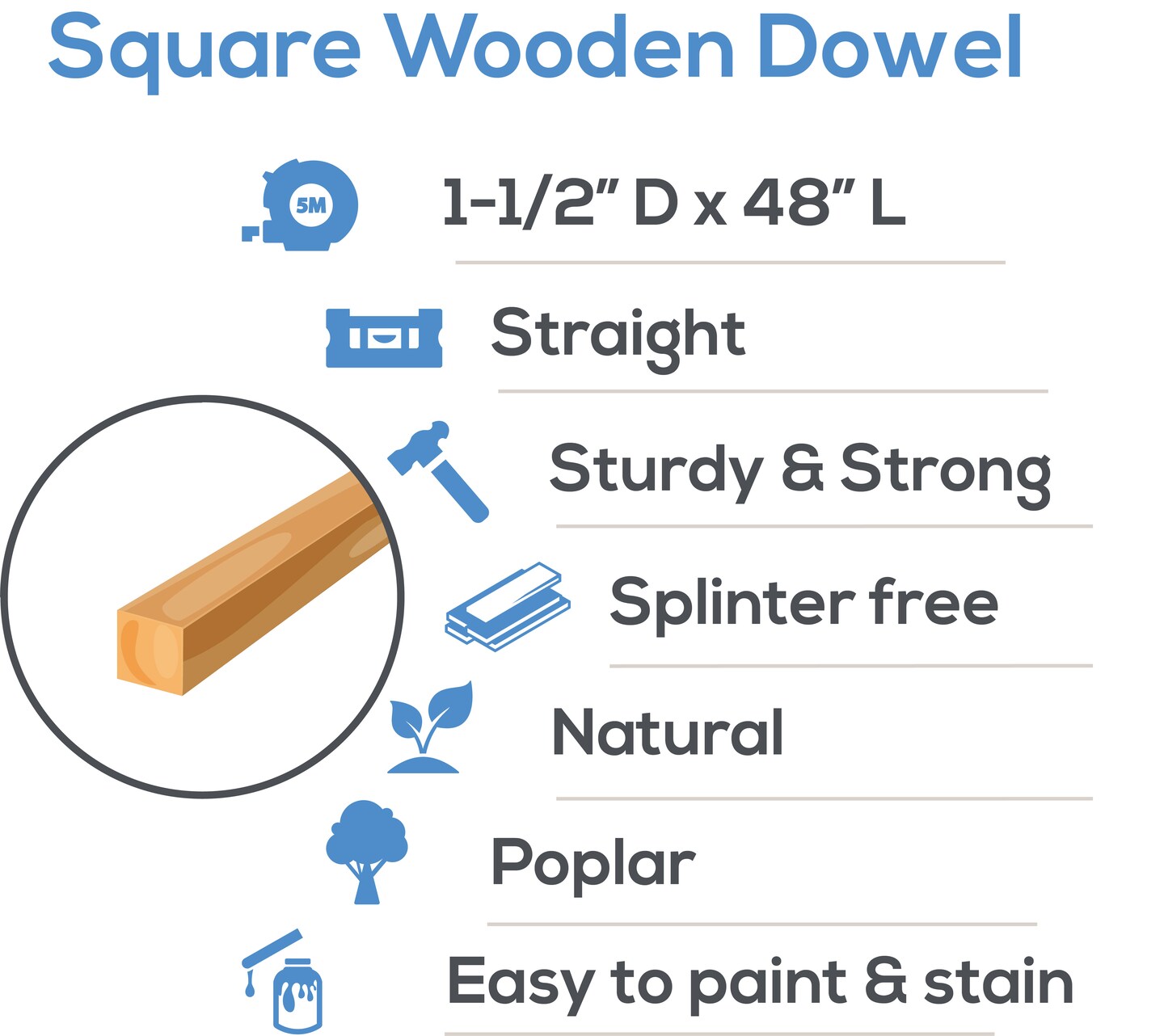 Wood Square Dowel Rods 1-1/2 inch Diameter, Multiple Lengths Available, Sticks for Crafts &#x26; Woodworking | Woodpeckers