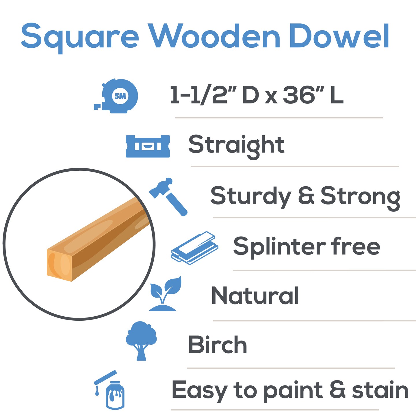 Wood Square Dowel Rods 1-1/2 inch Diameter, Multiple Lengths Available, Sticks for Crafts & Woodworking | Woodpeckers