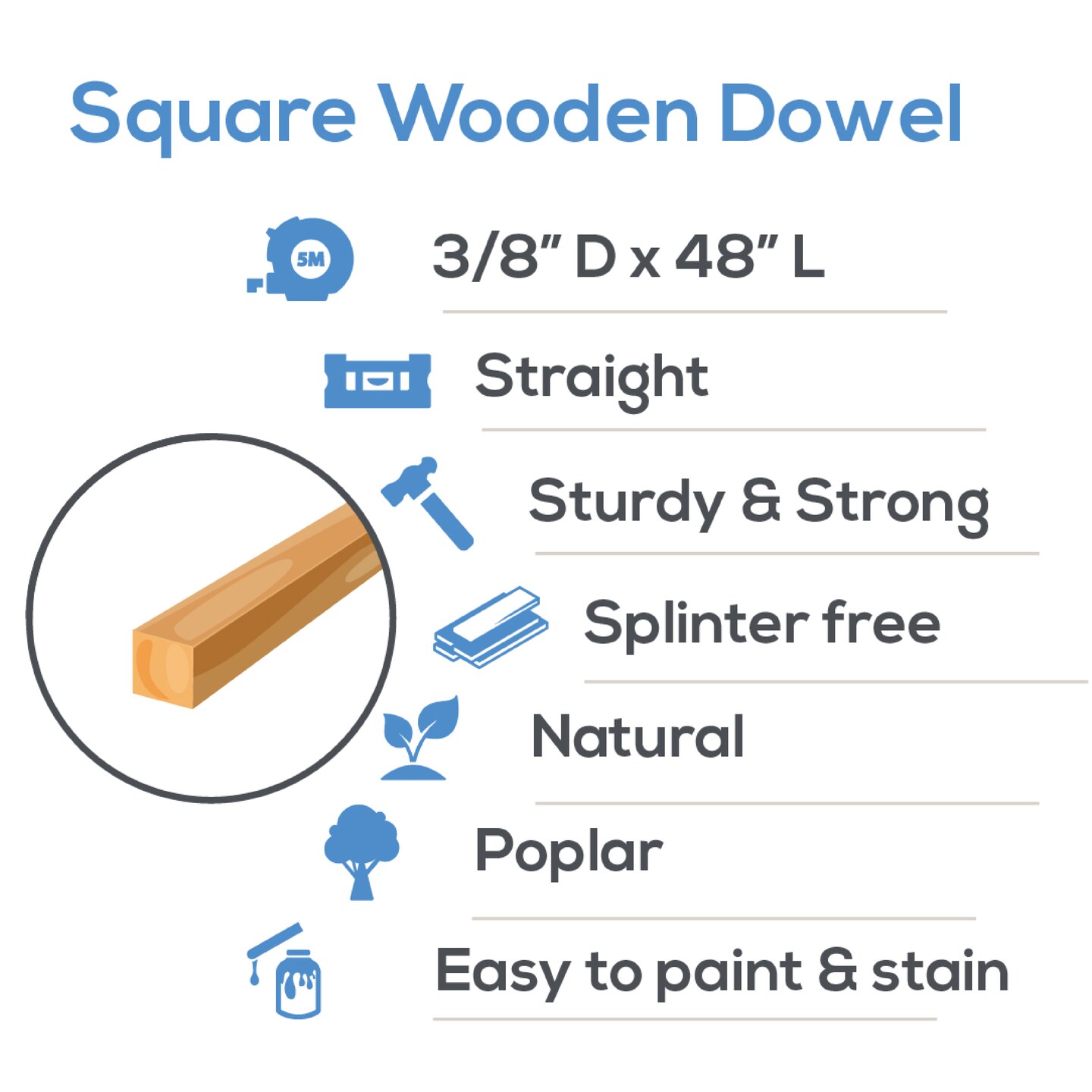 Wood Square Dowel Rods 3/8 inch Diameter, Multiple Lengths Available, Sticks for Crafts &#x26; Woodworking | Woodpeckers