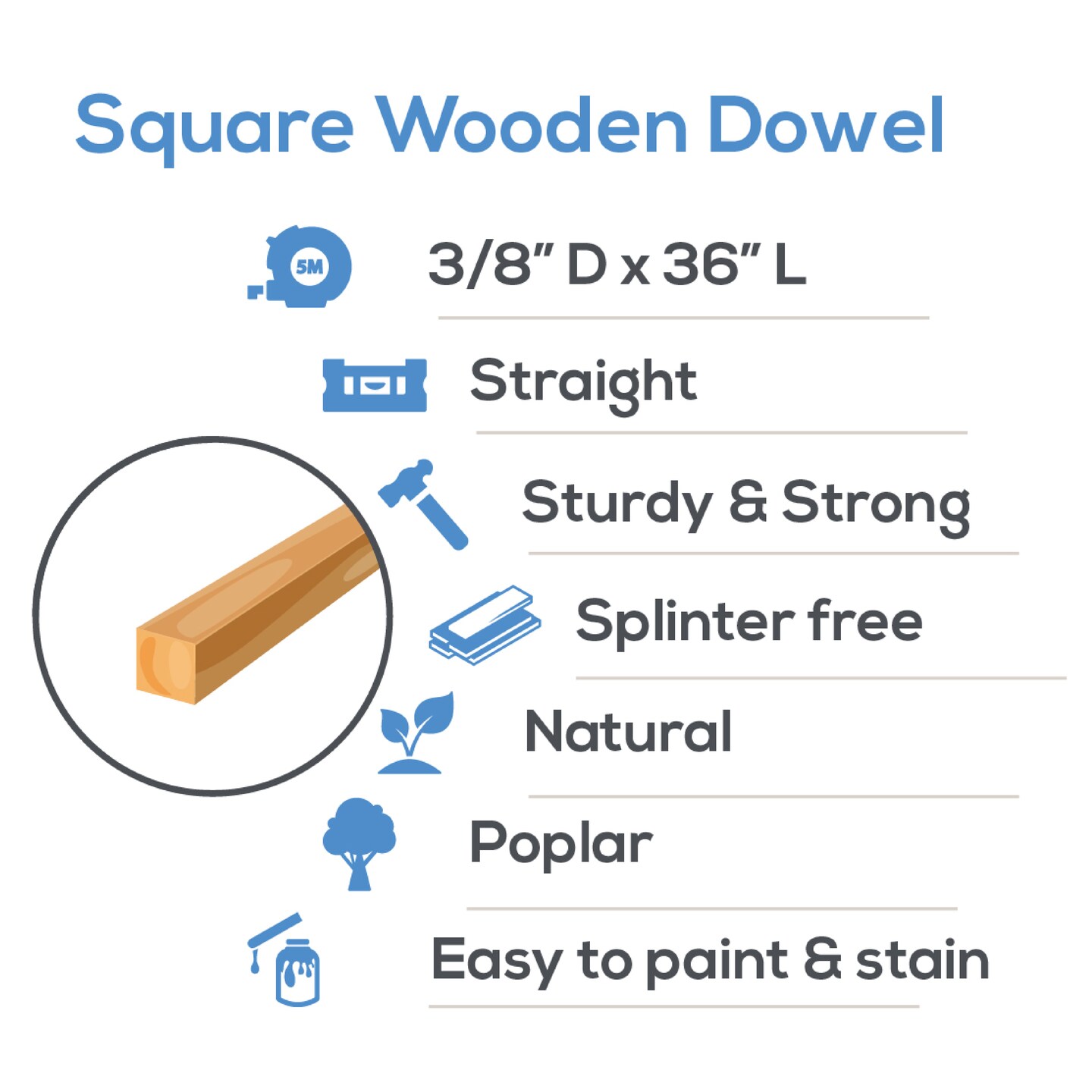 Wood Square Dowel Rods 3/8 inch Diameter, Multiple Lengths Available, Sticks for Crafts &#x26; Woodworking | Woodpeckers
