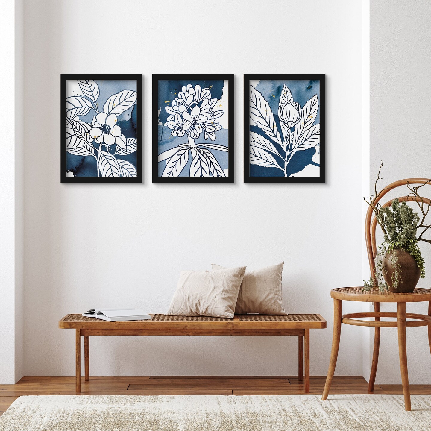 Inky Indigo Blooms By Wild Apple - 3 Piece Gallery Framed Print Art Set 