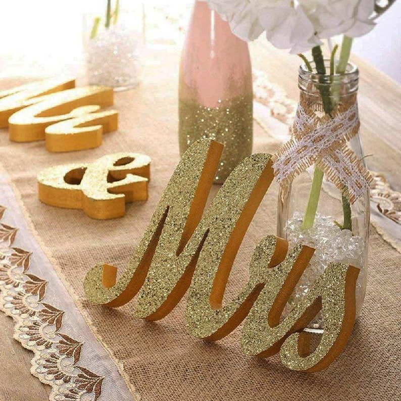 Gold Mr and Mrs Signs Sweetheart Decorations Wooden Freestanding Letters