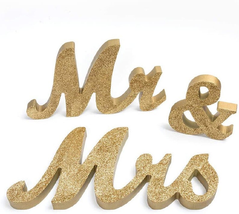 Gold Mr and Mrs Signs Sweetheart Decorations Wooden Freestanding Letters