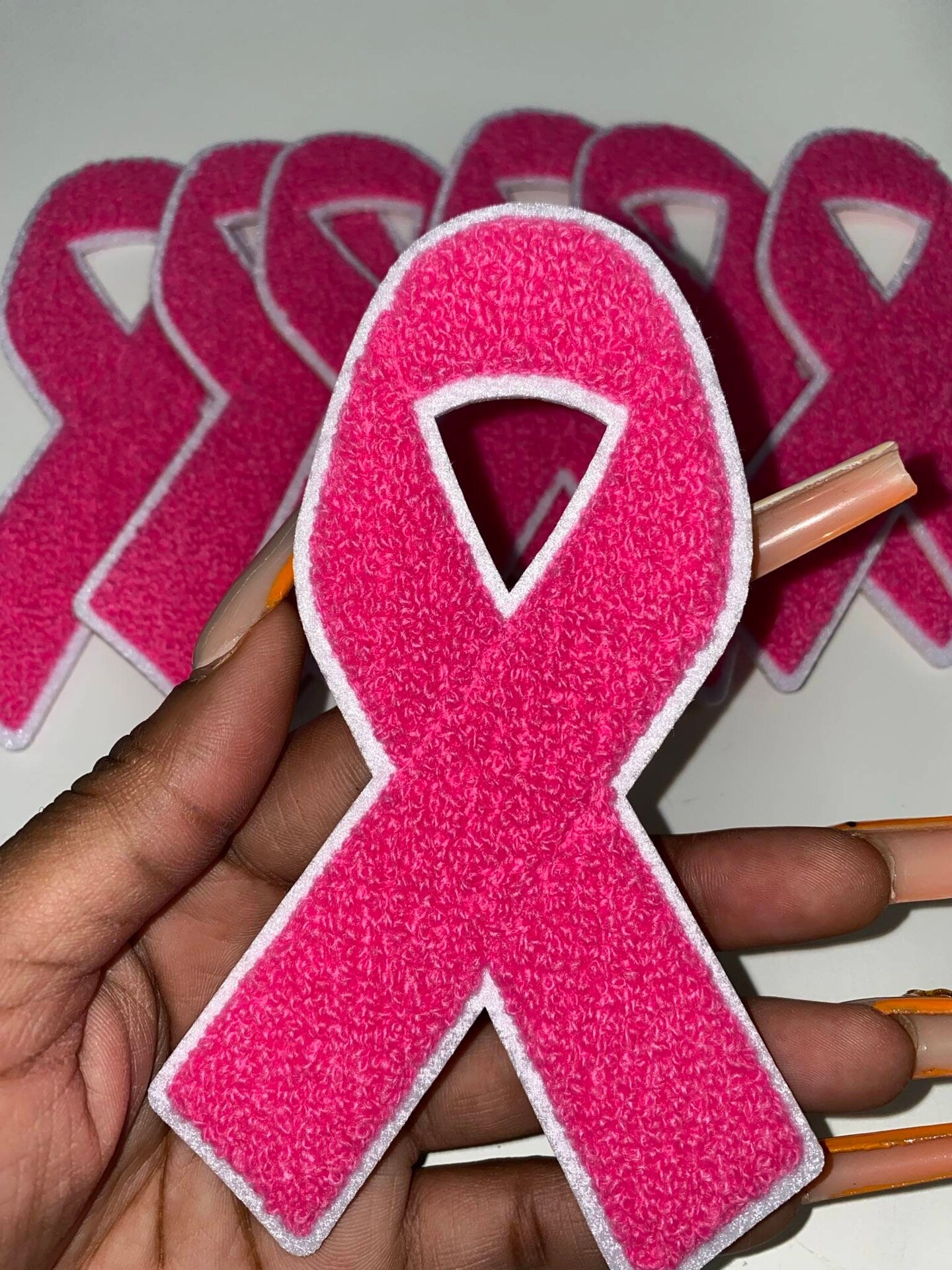 Breast Cancer &#x22;Pink Chenille&#x22; Awareness Ribbon Patch, Iron or Sew-on, Sz. 5.5&#x22; inches