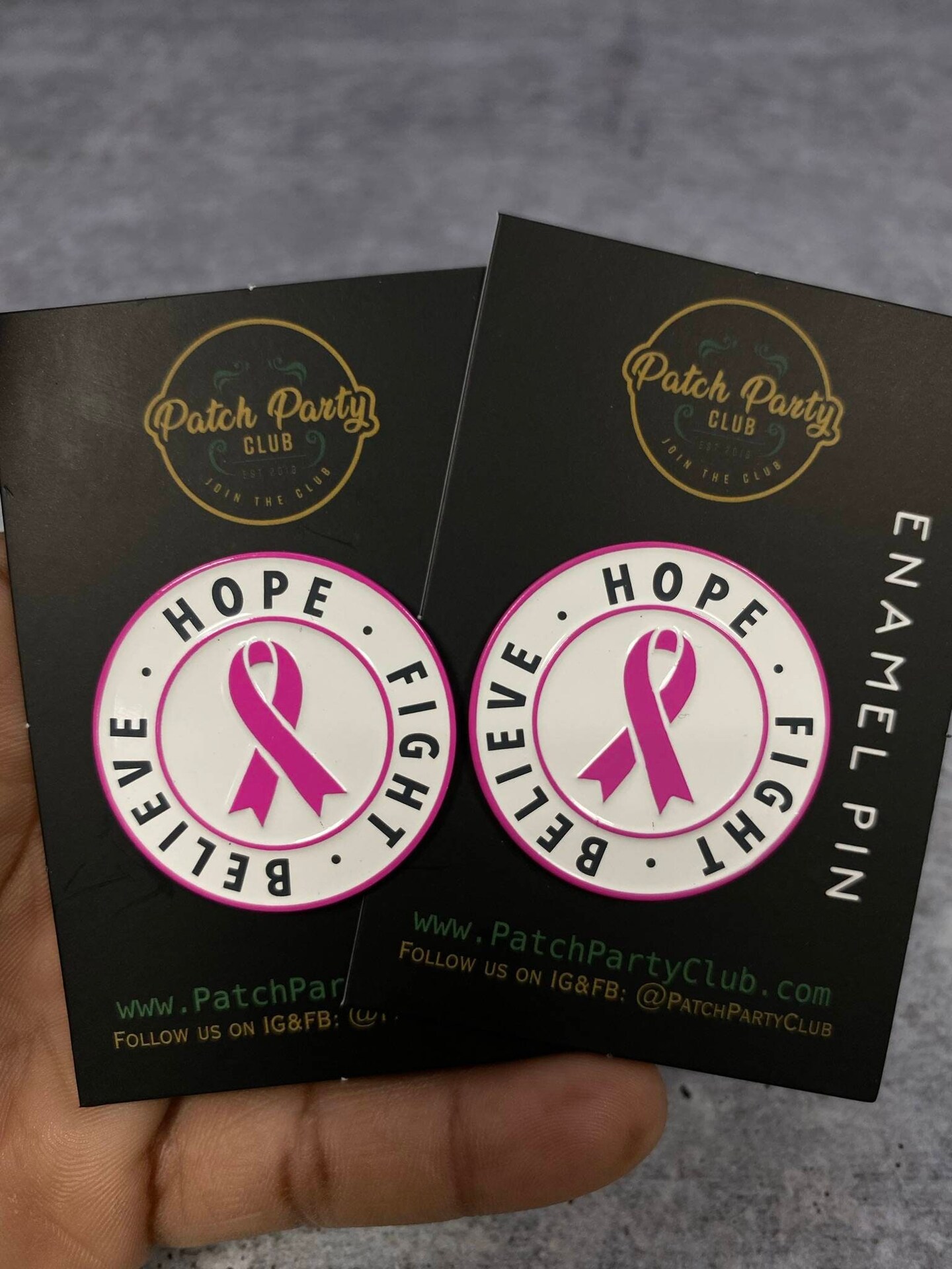 Breast Cancer Awareness, Enamel Pin &#x22;Hope, Fight, Believe&#x22; Pink &#x26; White, Size 1.77&#x22; inches