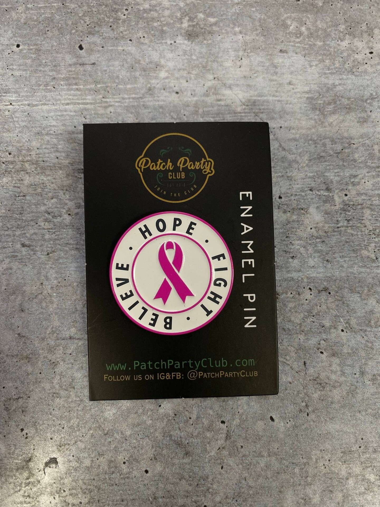 Breast Cancer Awareness, Enamel Pin &#x22;Hope, Fight, Believe&#x22; Pink &#x26; White, Size 1.77&#x22; inches