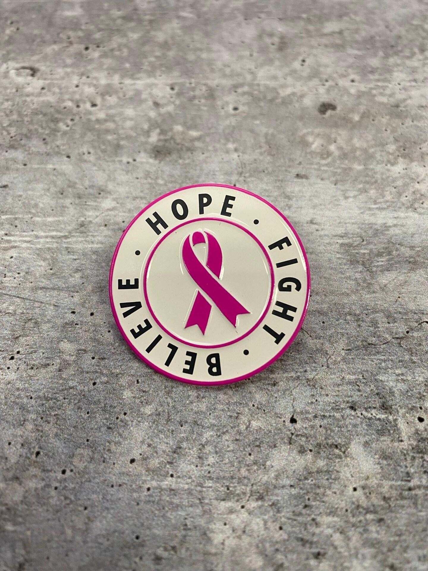 Breast Cancer Awareness, Enamel Pin &#x22;Hope, Fight, Believe&#x22; Pink &#x26; White, Size 1.77&#x22; inches