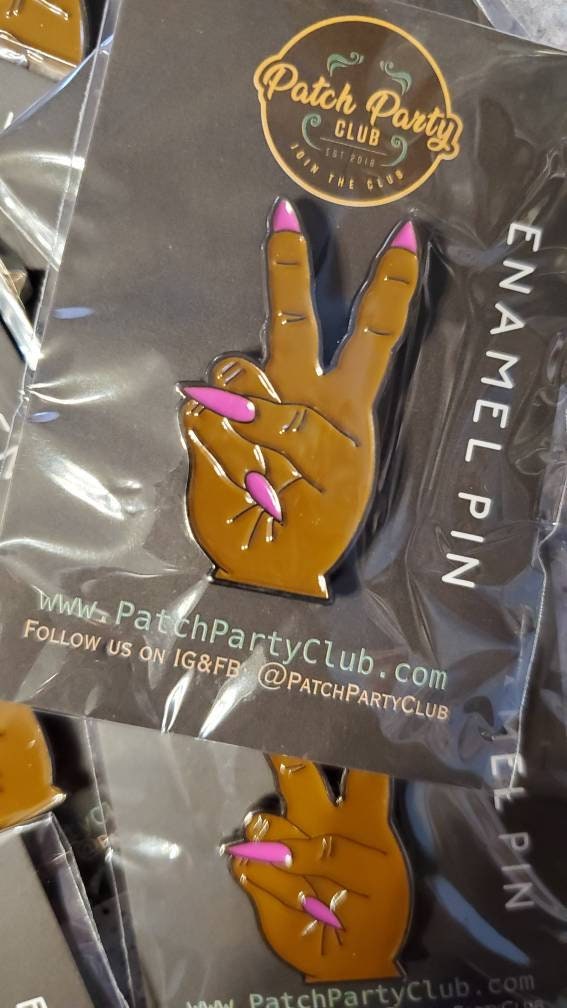 Stiletto Nail &#x22;Deuces&#x22; Exclusive Lapel Pin, Black Girl Enamel Pin, Size 2&#x22; inches