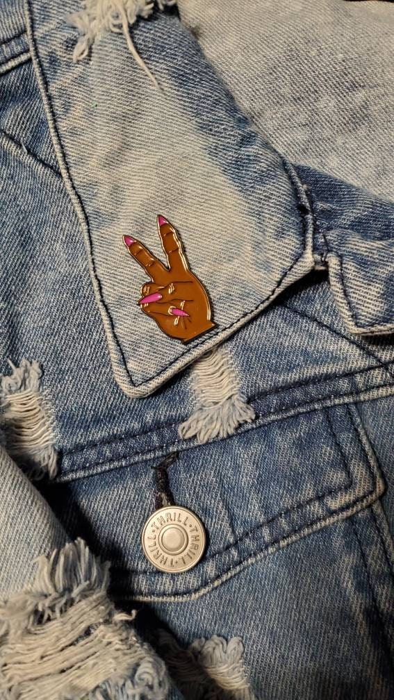 Stiletto Nail "Deuces" Exclusive Lapel Pin, Black Girl Enamel Pin, Size 2" inches