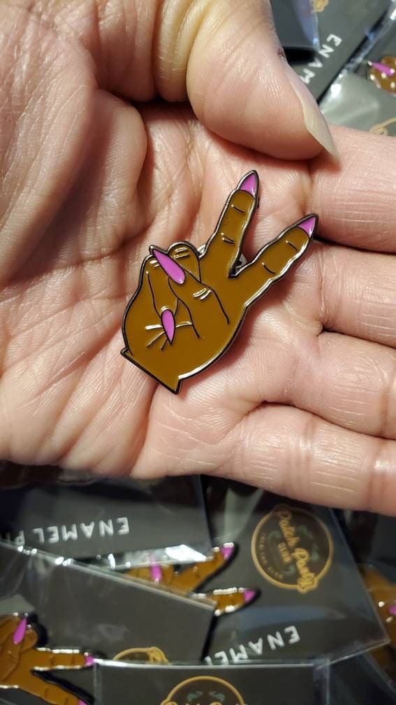 Stiletto Nail &#x22;Deuces&#x22; Exclusive Lapel Pin, Black Girl Enamel Pin, Size 2&#x22; inches