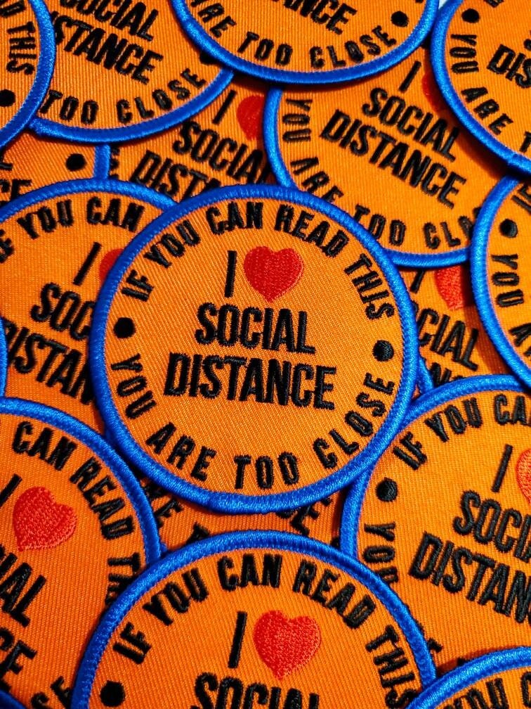 &#x22;I Love Social Distance&#x22; Patches for Masks, Colorful Iron-on Embroidered Applique, Size 2.85&#x22; inches
