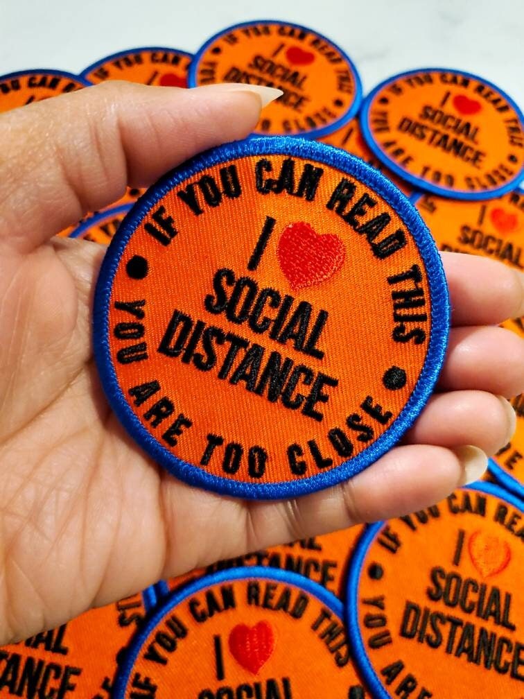 &#x22;I Love Social Distance&#x22; Patches for Masks, Colorful Iron-on Embroidered Applique, Size 2.85&#x22; inches