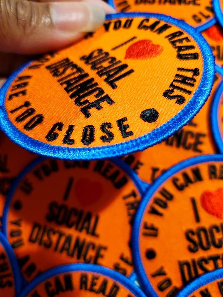 &#x22;I Love Social Distance&#x22; Patches for Masks, Colorful Iron-on Embroidered Applique, Size 2.85&#x22; inches