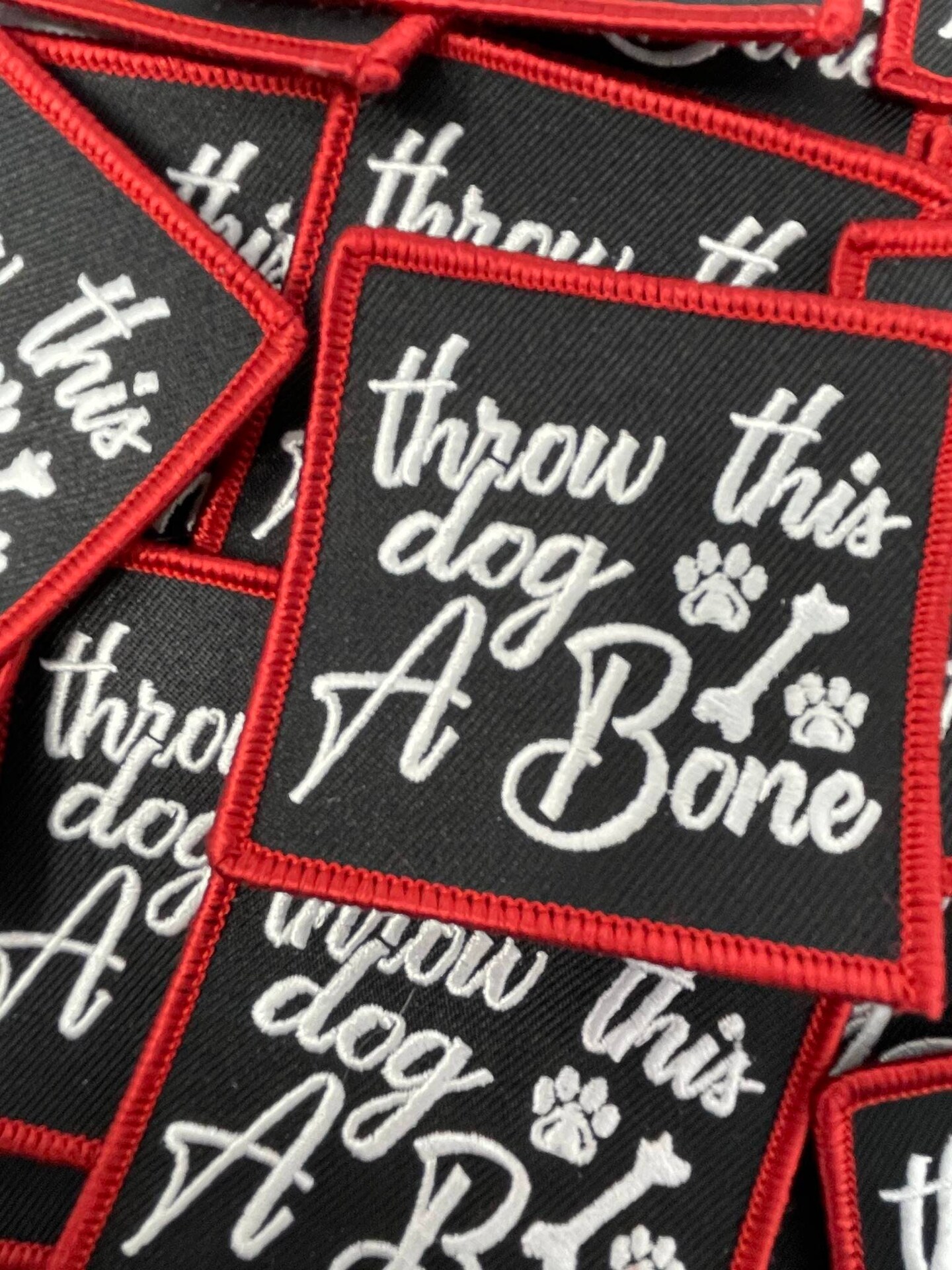 Patched Up Pup: &#x22;Throw This Dog a Bone&#x22; Iron-on Embroidered Patch, Patches for Dog Lovers, Size 2.5&#x22; inches