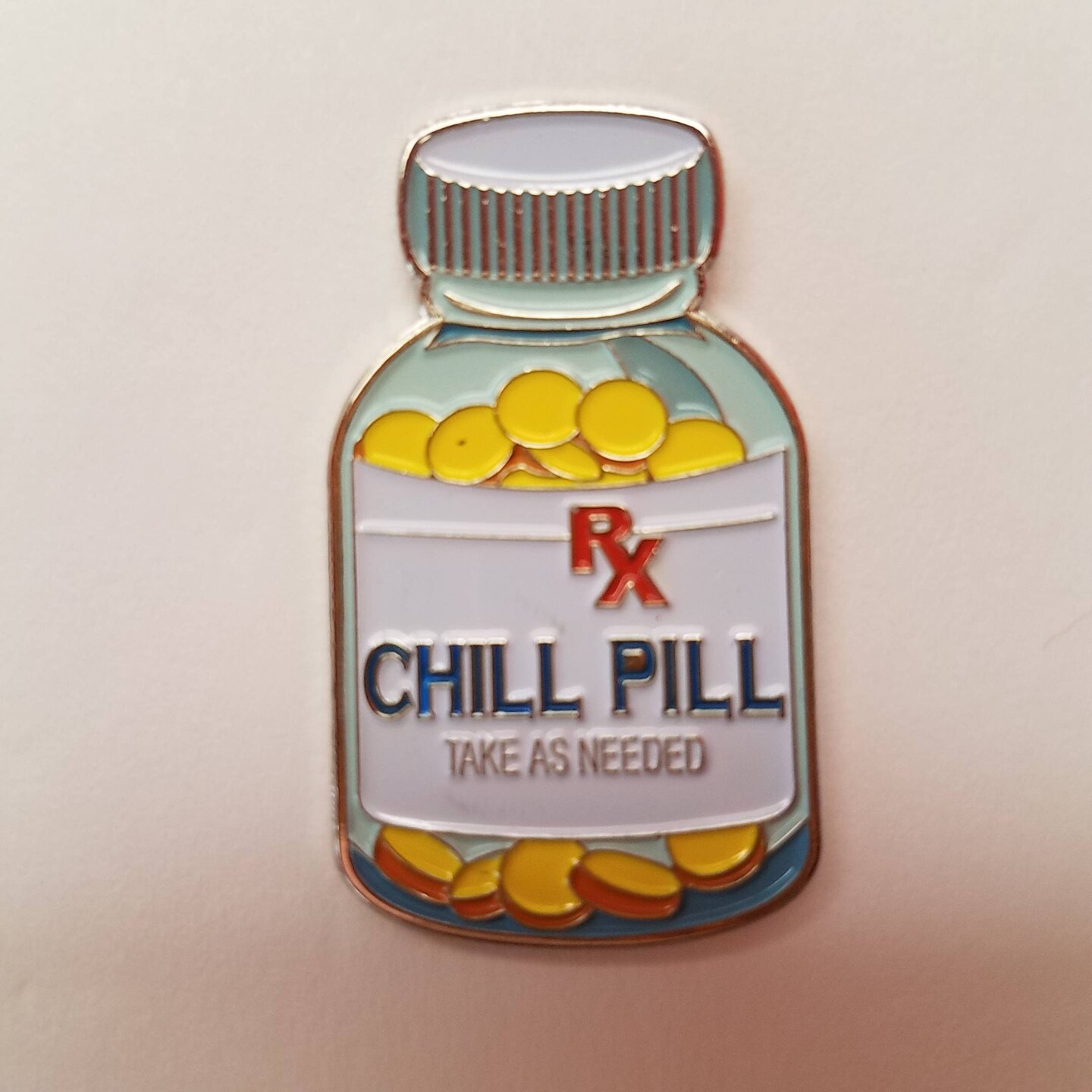 Vintage Chill Pill Enamel Pin, Fun lapel for Jackets, and Clothing, size 1.50&#x22; inches