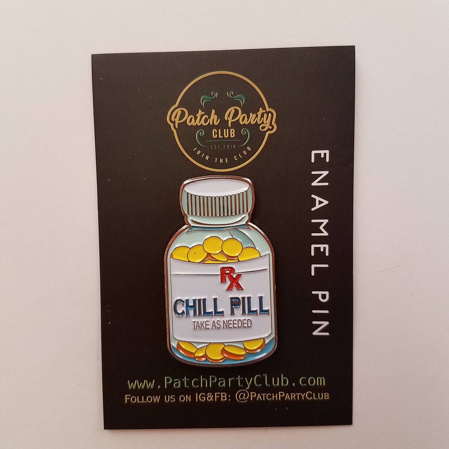 Vintage Chill Pill Enamel Pin, Fun lapel for Jackets, and Clothing, size 1.50&#x22; inches