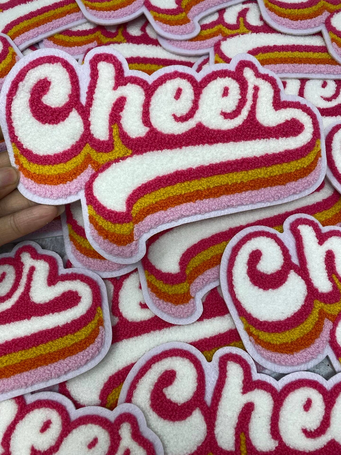 &#x22;Colorful Cheer&#x22; Pink/Gold/Orange/White, Varsity Patch, Iron-on Applique, Size 7.5&#x22; inches