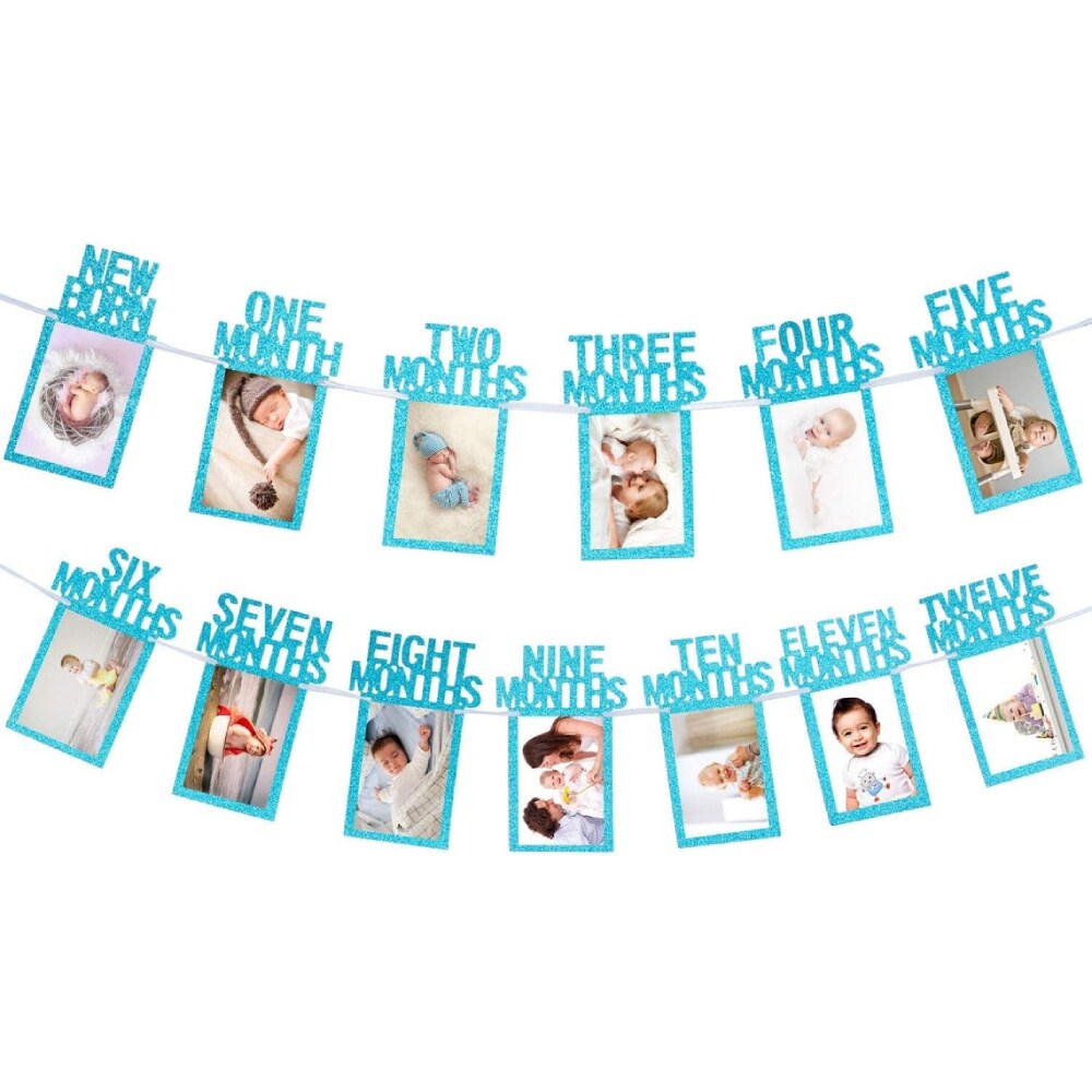 1st Birthday Baby Photo Banner for Newborn 12 Month Photo Prop Monthly Blue
