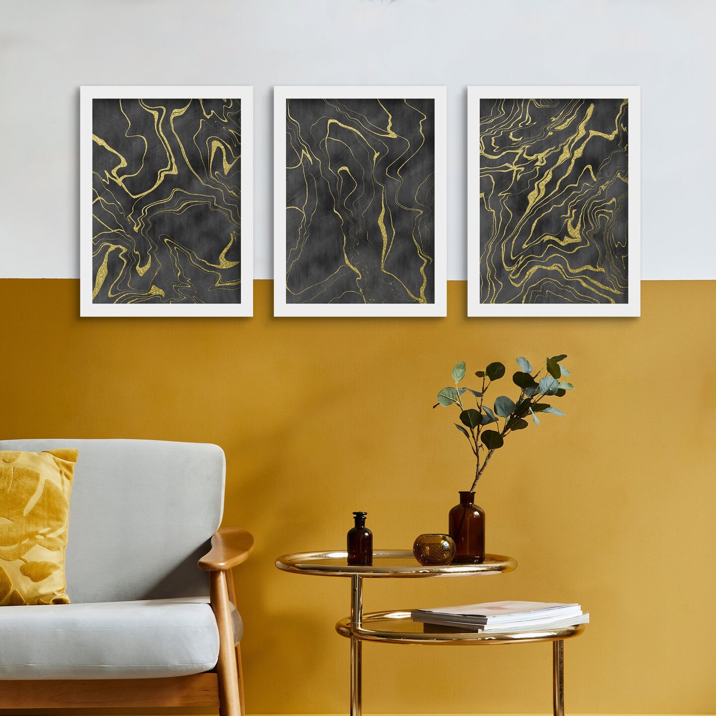 Gold Marble Flows by Melanie Viola - 3 Piece Gallery Framed Print Art Set