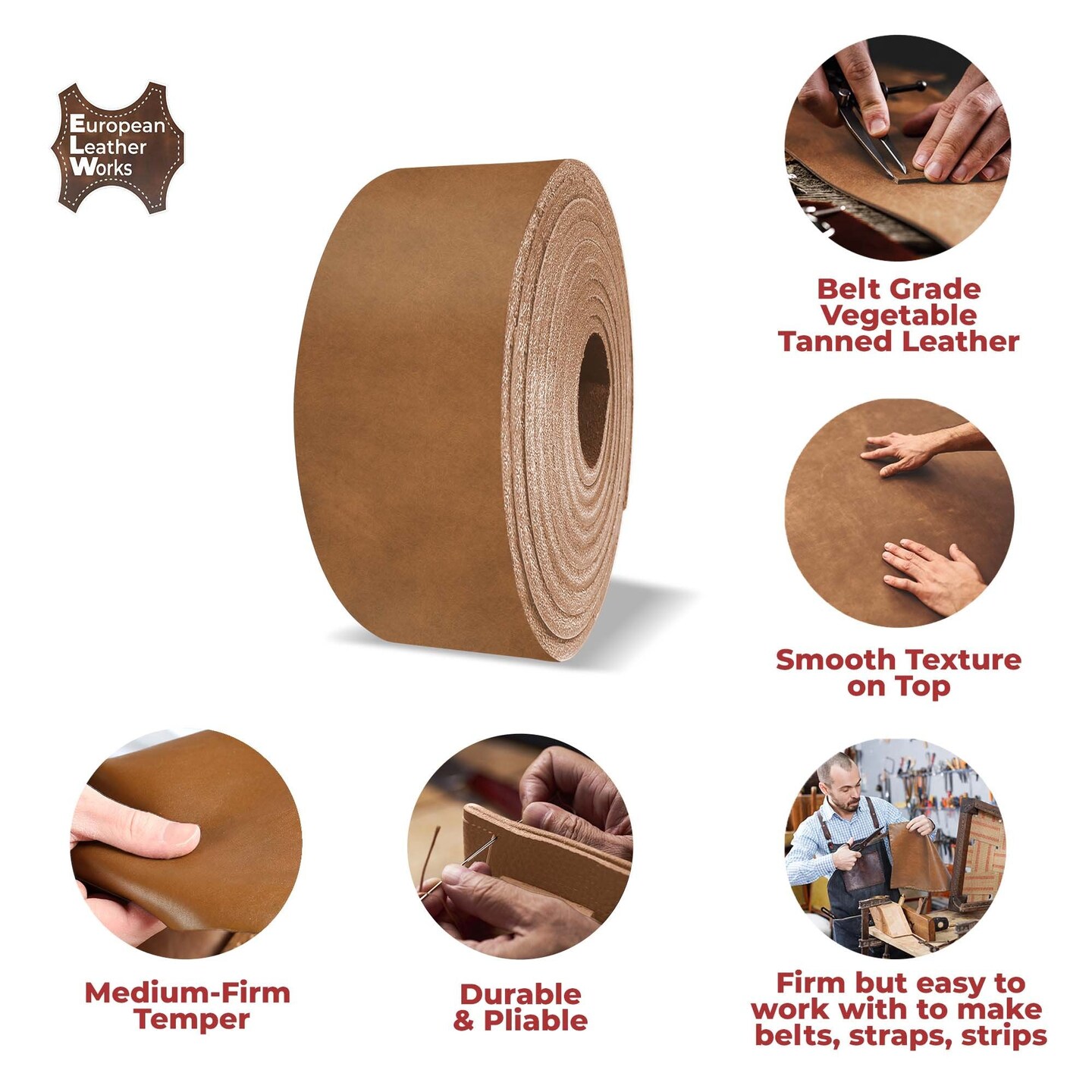 ELW Vegetable Tanned 89 oz. (3.23.6mm) Straps, Belts, Strips Length