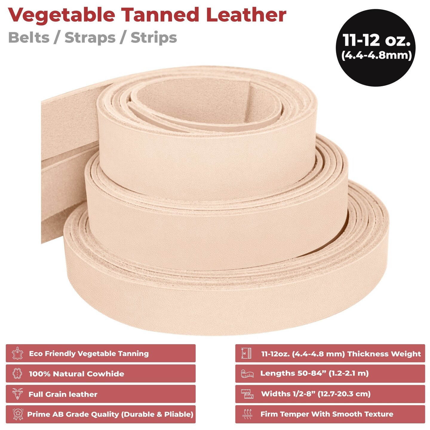 Thick Leather Strip Vegetable Tan Import Cowhide 11-12 oz / 4mm-4.8mm Perfect for Leather Crafting Tool Belts, Straps, Harnesses | Full Grain Leather