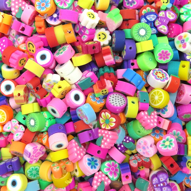 Random Mix of Polymer Clay Beads - Flowers ~ Fruit ~ Smiley Face ~ Evil Eye ~ Butterfly and More! (K116) (16x)