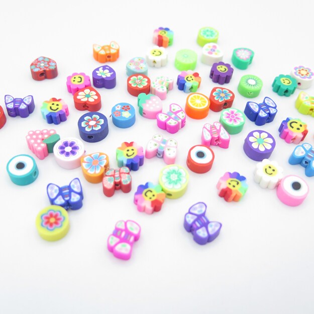 Random Mix of Polymer Clay Beads - Flowers ~ Fruit ~ Smiley Face ~ Evil Eye ~ Butterfly and More! (K116) (16x)