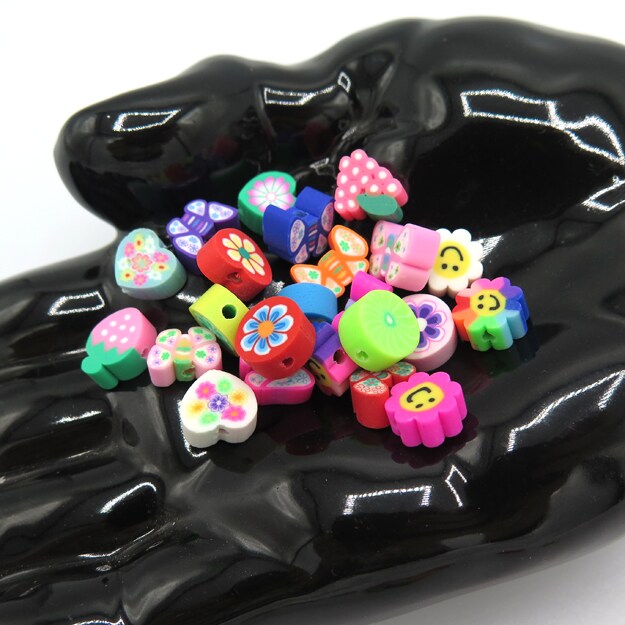 Random Mix of Polymer Clay Beads - Flowers ~ Fruit ~ Smiley Face ~ Evil Eye ~ Butterfly and More! (K116) (16x)