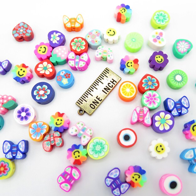 Random Mix of Polymer Clay Beads - Flowers ~ Fruit ~ Smiley Face ~ Evil Eye ~ Butterfly and More! (K116) (16x)